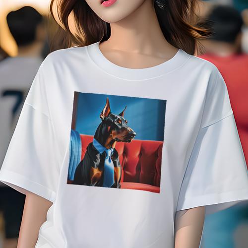 Tシャツ レディース 犬ファン 半袖 春夏 犬柄 プリント カジュアル かわいい 人間用 フィットネス ダンス 赤いソファ ドーベルマン 青いネクタイ エレガント 室内 Tシャツ レディース 犬ファン 半袖 春夏 犬柄 プリント カジュアル かわいい 人間用 フィットネス ダンス 赤いソファ ドーベルマン 青いネクタイ エレガント 室内
