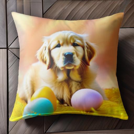 イースターエッグ ゴールデンレトリバー 黄 オレンジ ピンク 青 クッションカバー 45×45cm アニマル柄 ..