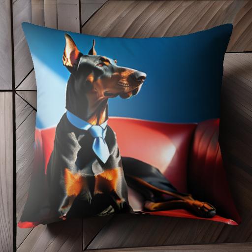 赤いソファ ドーベルマン 青い壁 ネクタイ クッションカバー 45×45cm アニマル柄 おしゃれ 可愛い クッ..