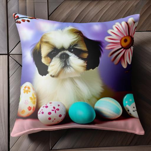 イースターエッグ シーズー 花 枝 クッションカバー 45×45cm アニマル柄 おしゃれ 可愛い クッション本..