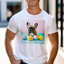 Tシャツ メンズ キッズ 犬ファン 半袖 春夏 犬柄 プリント カジュアル かわいい 人間用 フィットネス ダンス カラフルなたまご フレンチブルドッグ 青い背景 ピンクの背景
