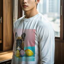 長袖Tシャツ 人間用 メンズ 秋春夏 プリント レジャー アウトドア カジュアル かわいい 犬ファン カラフルなたまご フレンチブルドッグ 青い背景 ピンクの背景