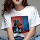 Tシャツ レディース 犬ファン 半袖 春夏 犬柄 プリント カジュアル かわいい 人間用 フィットネス ダンス 赤いソファ ドーベルマン 青いネクタイ 二色の背景(4)
