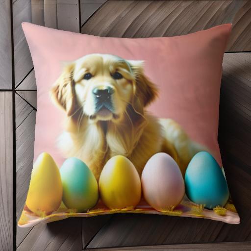 イースターエッグ ゴールデンレトリバー ピンクの背景 フラワーアレンジメント クッションカバー 45×45..