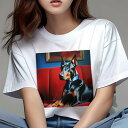 Tシャツ レディース 犬ファン 半袖 春夏 犬柄 プリント カジュアル かわいい 人間用 フィットネス ダンス 赤いソファ ドーベルマン 青いネクタイ 額縁 青い壁(4)