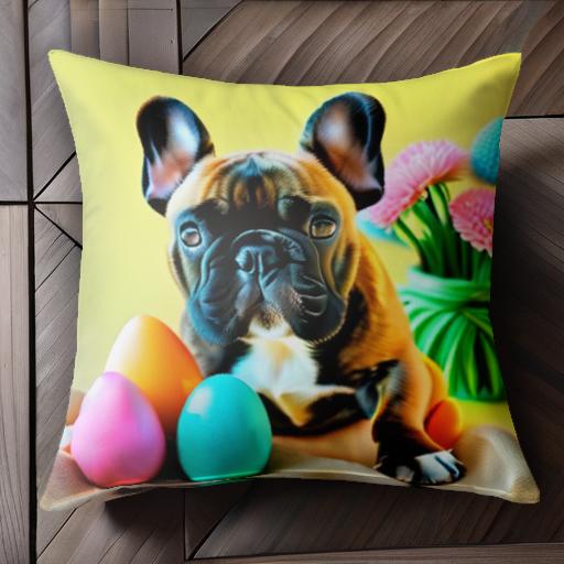花 フレンチブルドッグ 卵 黄色の背景 クッションカバー 45×45cm アニマル柄 おしゃれ 可愛い クッショ..