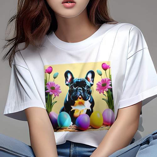 Tシャツ レディース 犬ファン 半袖 春夏 犬柄 プリント カジュアル かわいい 人間用 フィットネス ダンス 花 フレンチブルドッグ 卵 かご(4)