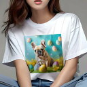 Tシャツ レディース 犬ファン 半袖 春夏 犬柄 プリント カジュアル かわいい 人間用 フィットネス ダンス イースターエッグ フレンチブルドッグ 花 カラフル 春 デコレーション(4)