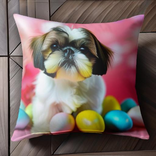 イースターエッグ シーズー 花 ピンクの背景 可愛い クッションカバー 45×45cm アニマル柄 おしゃれ ク..