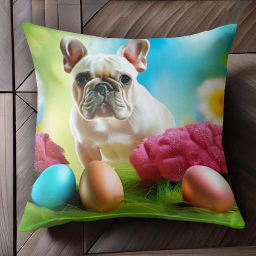 卵 フレンチブルドッグ 春 花 緑 カラフル クッションカバー 45×45cm アニマル柄 おしゃれ 可愛い クッション本体付き 正方形 犬ファン
