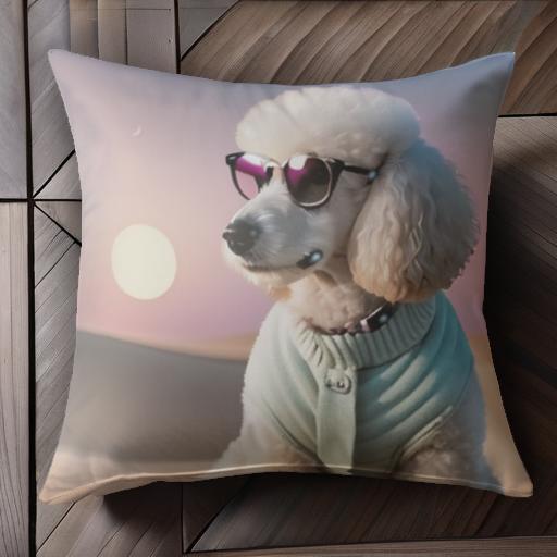 サングラス プードル 砂丘 夕日 セーター クッションカバー 45×45cm アニマル柄 おしゃれ 可愛い クッション本体付き 正方形 犬ファン