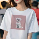 Tシャツ レディース 犬ファン 半袖 春夏 犬柄 プリント カジュアル かわいい 人間用 フィットネス ダンス ピンクの背景 マルチーズ メガネ 蝶ネクタイ
