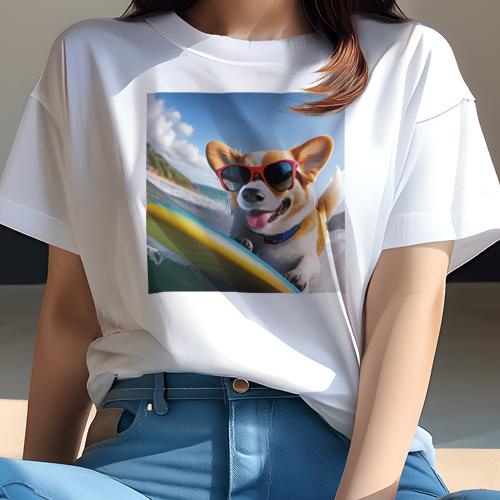 Tシャツ レディース 犬ファン 半袖 春夏 犬柄 プリント カジュアル かわいい 人間用 フィットネス ダンス サングラス ウェルシュコーギー サーフボード ビーチ 海 Tシャツ レディース 犬ファン 半袖 春夏 犬柄 プリント カジュアル かわいい 人間用 フィットネス ダンス サングラス ウェルシュコーギー サーフボード ビーチ 海