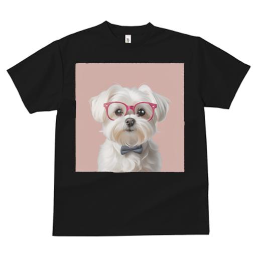 Tシャツ レディース 犬ファン 半袖 春夏 犬柄 プリント カジュアル かわいい 人間用 フィットネス ダンス 眼鏡 マルチーズ 蝶ネクタイ ピンクの背景
