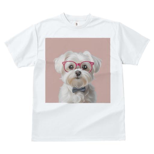 Tシャツ レディース 犬ファン 半袖 春夏 犬柄 プリント カジュアル かわいい 人間用 フィットネス ダンス 眼鏡 マルチーズ 蝶ネクタイ ピンクの背景