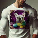 長袖Tシャツ 人間用 メンズ 秋春夏 プリント レジャー アウトドア カジュアル かわいい 犬ファン カラフルな卵 フレンチブルドッグ 紫の背景 花の装飾 黄色い花