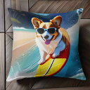 サーフボード ウェルシュコーギーペンブローク サングラス ビーチ 海 波 クッションカバー 45×45cm アニマル柄 おしゃれ 可愛い クッション本体付き 正方形 犬ファン