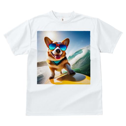 Tシャツ レディース 犬ファン 半袖 春夏 犬柄 プリント カジュアル かわいい 人間用 フィットネス ダンス サングラス ウェルシュコーギー サーフィン 海 波 太陽