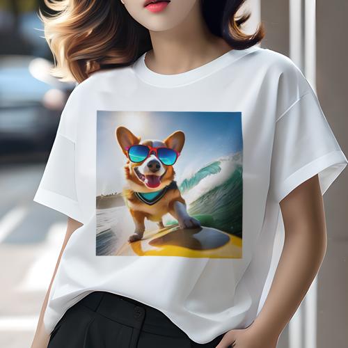 Tシャツ レディース 犬ファン 半袖 春夏 犬柄 プリント カジュアル かわいい 人間用 フィットネス ダンス サングラス ウェルシュコーギー サーフィン 海 波 太陽