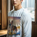 長袖Tシャツ 人間用 メンズ 秋春夏 プリント レジャー アウトドア カジュアル かわいい 犬ファン サーフボード コーギー サングラス 海 夕日