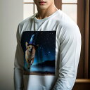 長袖Tシャツ 人間用 メンズ 秋春夏 プリント レジャー アウトドア カジュアル かわいい 犬ファン 星 コーギー 魔法の帽子 夜空 砂浜