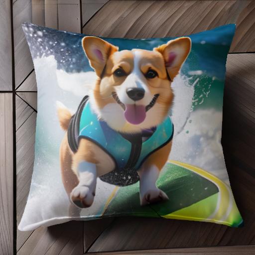 サーフィン ウェルシュコーギー ビーチ ウェットスーツ 波 クッションカバー 45×45cm アニマル柄 おし..