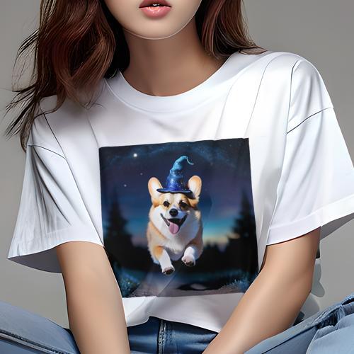 Tシャツ レディース 犬ファン 半袖 春夏 犬柄 プリント カジュアル かわいい 人間用 フィットネス ダンス 魔法の帽子 ウェルシュコーギー 夜空 星 森 Tシャツ レディース 犬ファン 半袖 春夏 犬柄 プリント カジュアル かわいい 人間用 フィットネス ダンス 魔法の帽子 ウェルシュコーギー 夜空 星 森