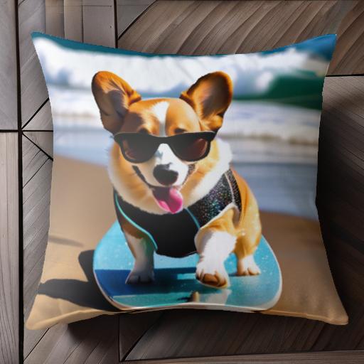 サーフボード コーギー サングラス 海 波 砂浜 クッションカバー 45×45cm アニマル柄 おしゃれ 可愛い クッション本体付き 正方形 犬ファン