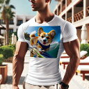 Tシャツ メンズ キッズ 犬ファン 半袖 春夏 犬柄 プリント カジュアル かわいい 人間用 フィットネス ダンス サーフボード コーギー 波 ライフジャケット 青空