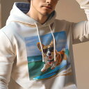 パーカー 人間用 メンズ 秋春夏 プリント レジャー ポケットレス プルオーバーパーカー カジュアル かわいい 犬ファン サーフボード ウェルシュコーギーペンブローク サングラス 海(4)