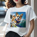 Tシャツ レディース 犬ファン 半袖 春夏 犬柄 プリント カジュアル かわいい 人間用 フィットネス ダンス サーフボード コーギー 波 ライフジャケット 青空