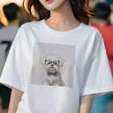 Tシャツ レディース 犬ファン 半袖 春夏 犬柄 プリント カジュアル かわいい 人間用 フィットネス ダンス メガネ マルチーズ 蝶ネクタイ かわいい おしゃれ ペット(4)