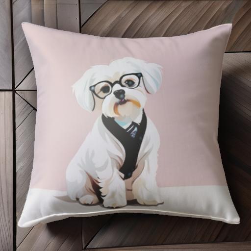 眼鏡 マルチーズ ピンクの背景 ネクタイ クッションカバー 45×45cm アニマル柄 おしゃれ 可愛い クッション本体付き 正方形 犬ファン