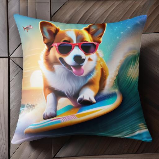 サーフィン コーギー サングラス 海 波 魚 クッションカバー 45×45cm アニマル柄 おしゃれ 可愛い クッ..