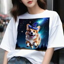 Tシャツ メンズ キッズ 犬ファン 半袖 春夏 犬柄 プリント カジュアル かわいい 人間用 フィットネス ダンス 魔法の帽子 ウェルシュコーギー 星 夜空 魔法 ファンタジー