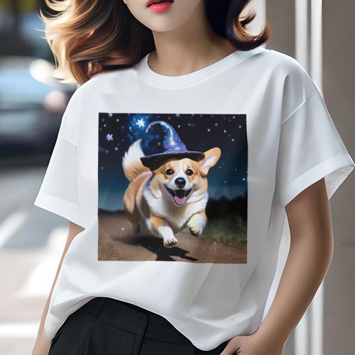 Tシャツ レディース 犬ファン 半袖 春夏 犬柄 プリント カジュアル かわいい 人間用 フィットネス ダンス 魔法の帽子 コーギー 星 夜空 幸せ Tシャツ レディース 犬ファン 半袖 春夏 犬柄 プリント カジュアル かわいい 人間用 フィットネス ダンス 魔法の帽子 コーギー 星 夜空 幸せ