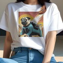 Tシャツ レディース 犬ファン 半袖 春夏 犬柄 プリント カジュアル かわいい 人間用 フィットネス ダンス 宇宙 パグ スペーススーツ 夕日 SF(4)