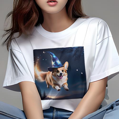 Tシャツ レディース 犬ファン 半袖 春夏 犬柄 プリント カジュアル かわいい 人間用 フィットネス ダンス 魔法の帽子 ウェルシュコーギーペンブローク 夜空 星 森林 Tシャツ レディース 犬ファン 半袖 春夏 犬柄 プリント カジュアル かわいい 人間用 フィットネス ダンス 魔法の帽子 ウェルシュコーギーペンブローク 夜空 星 森林