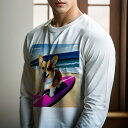 長袖Tシャツ 人間用 メンズ 秋春夏 プリント レジャー アウトドア カジュアル かわいい 犬ファン サーフボード ウェルシュコーギー ビーチ 波