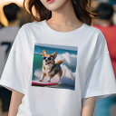 Tシャツ レディース 犬ファン 半袖 春夏 犬柄 プリント カジュアル かわいい 人間用 フィットネス ダンス サーフボード コーギー サングラス 海 波(4)