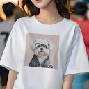 Tシャツ レディース 犬ファン 半袖 春夏 犬柄 プリント カジュアル かわいい 人間用 フィットネス ダンス メガネ マルチーズ パーカー(4)