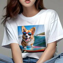 Tシャツ レディース 犬ファン 半袖 春夏 犬柄 プリント カジュアル かわいい 人間用 フィットネス ダンス サングラス ウェルシュコーギー サーフボード 海 波(4)