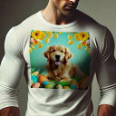 長袖Tシャツ 人間用 メンズ 秋春夏 プリント レジャー アウトドア カジュアル かわいい 犬ファン 花 ゴールデンレトリバー イースターエッグ 芝生