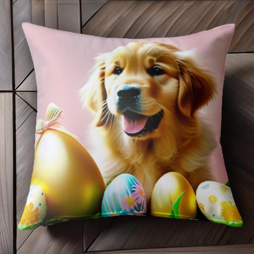 イースターエッグ ゴールデンレトリバー 花柄 ギフト クッションカバー 45×45cm アニマル柄 おしゃれ 可愛い クッション本体付き 正方形 犬ファン