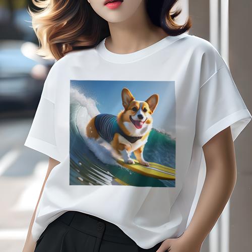 Tシャツ レディース 犬ファン 半袖 春夏 犬柄 プリント カジュアル かわいい 人間用 フィットネス ダンス サーフィン ウェルシュコーギー 波 海 サーフボード 太陽 Tシャツ レディース 犬ファン 半袖 春夏 犬柄 プリント カジュアル かわいい 人間用 フィットネス ダンス サーフィン ウェルシュコーギー 波 海 サーフボード 太陽