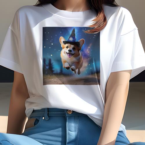Tシャツ レディース 犬ファン 半袖 春夏 犬柄 プリント カジュアル かわいい 人間用 フィットネス ダンス 魔法の帽子 コーギー 星空 飛んでいる 光る道 Tシャツ レディース 犬ファン 半袖 春夏 犬柄 プリント カジュアル かわいい 人間用 フィットネス ダンス 魔法の帽子 コーギー 星空 飛んでいる 光る道