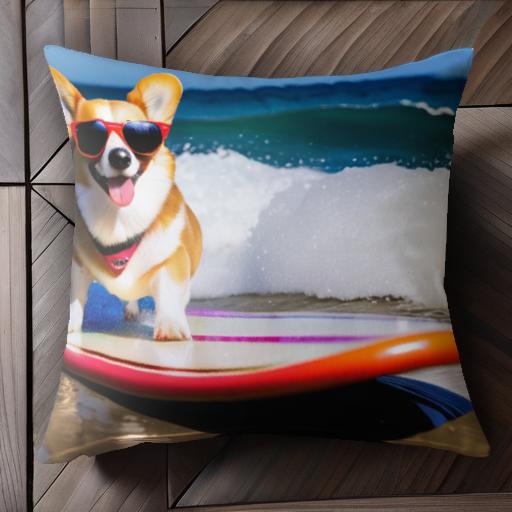 サーフボード コーギー サングラス 海 クッションカバー 45×45cm アニマル柄 おしゃれ 可愛い クッション本体付き 正方形 犬ファン