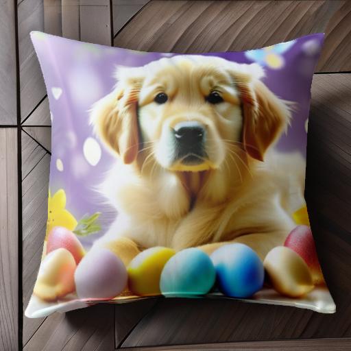 イースターエッグ ゴールデンレトリバー 花 蝶 紫色の背景 クッションカバー 45×45cm アニマル柄 おし..