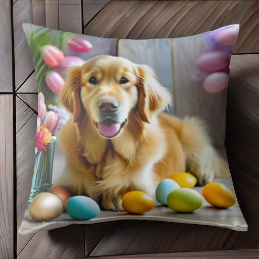 卵 ゴールデンレトリバー チューリップ バスケット クッションカバー 45×45cm アニマル柄 おしゃれ 可愛い クッション本体付き 正方形 犬ファン