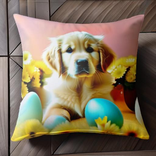 花 ゴールデンレトリバー 卵 黄色 春 可愛い クッションカバー 45×45cm アニマル柄 おしゃれ クッショ..